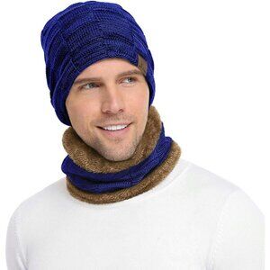 Men's Royal Blue Winter Warm Knit Skull Cap Neck Warmer Fleece Lined Scarf Set